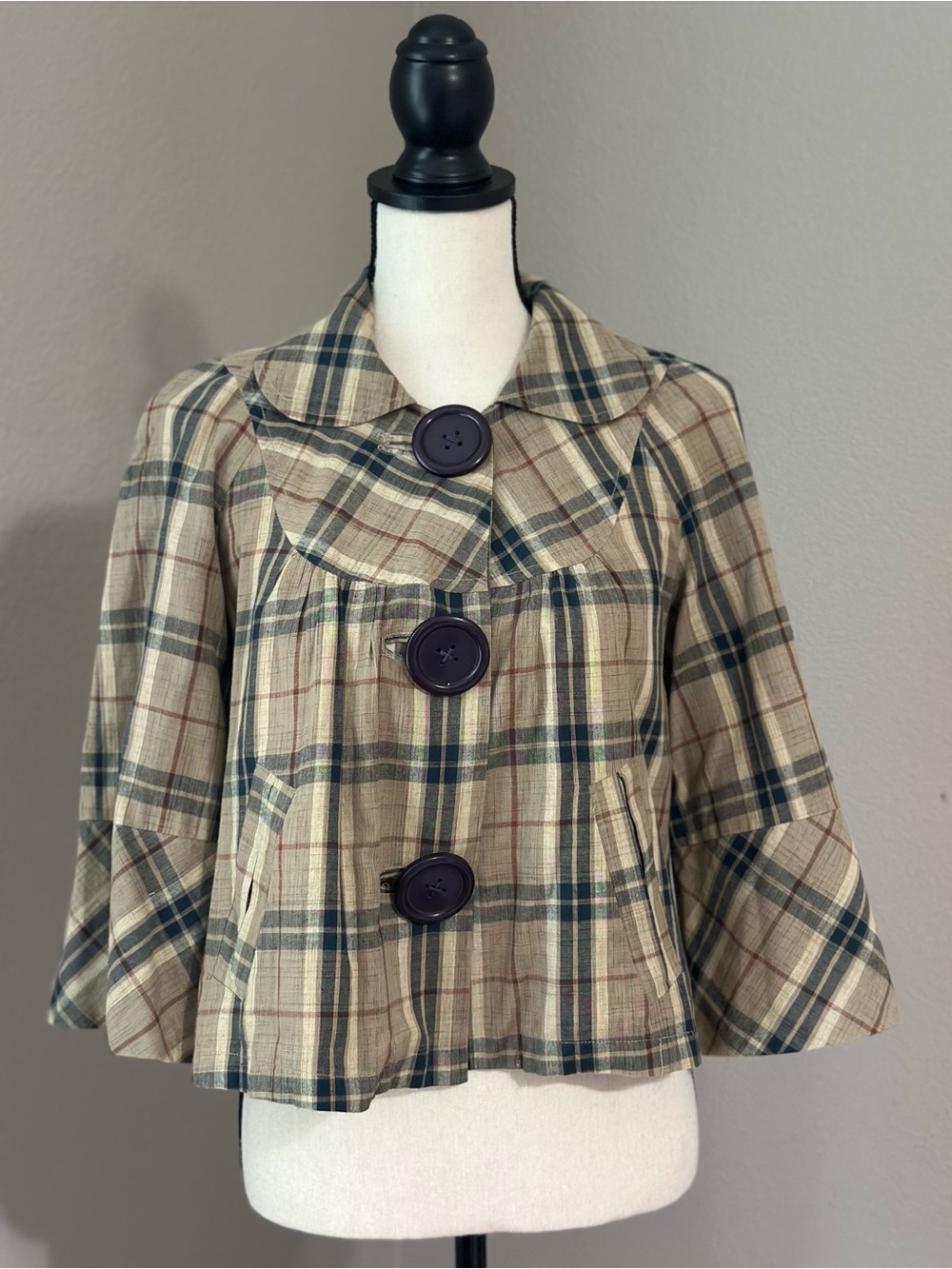 Plaid Short Jacket with Large Front Buttons - Beige Green
